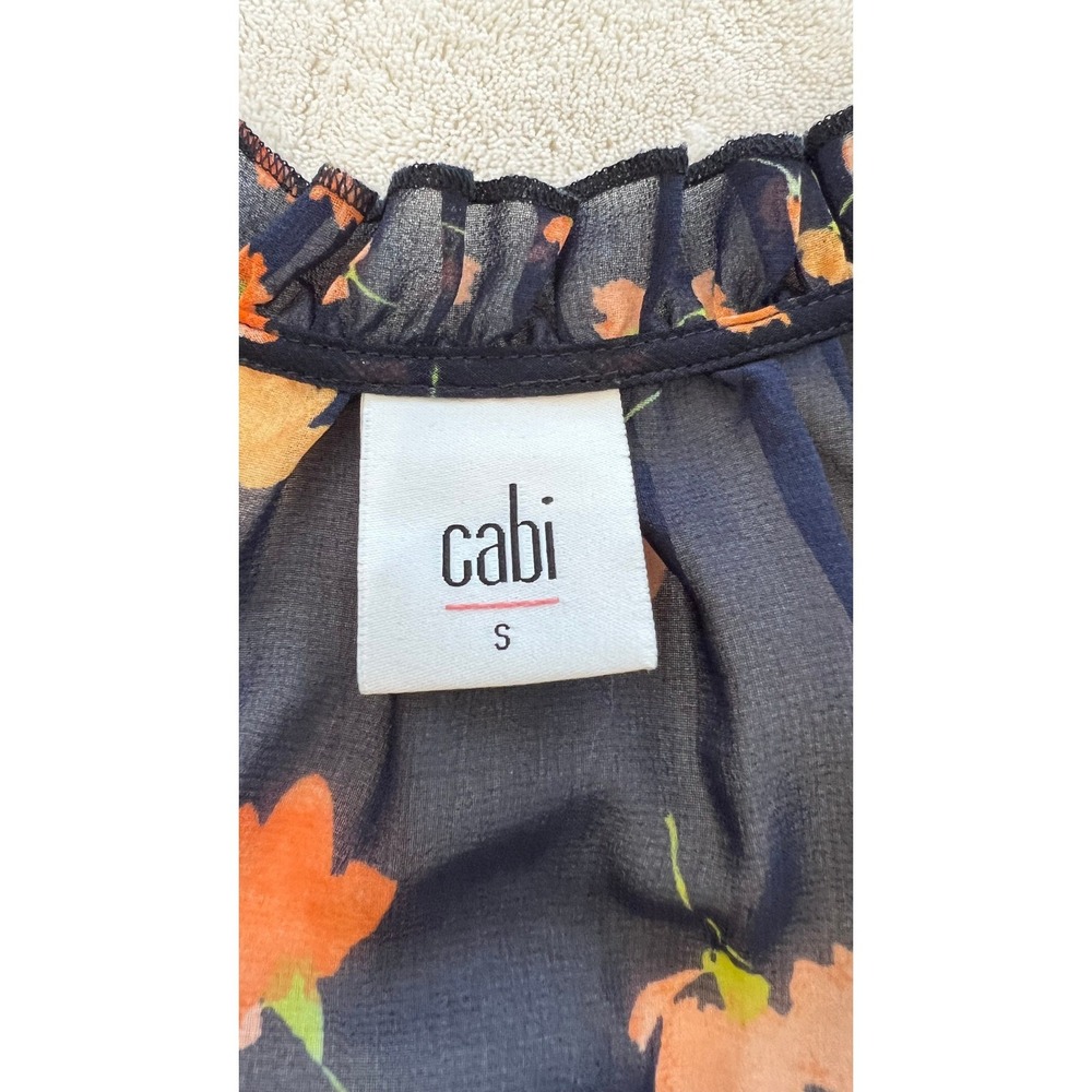 Cabi Sunset Kiss Spring Blouse Navy Blue Floral Ruffle Cap Sleeve Top Small - Picture 4 of 8